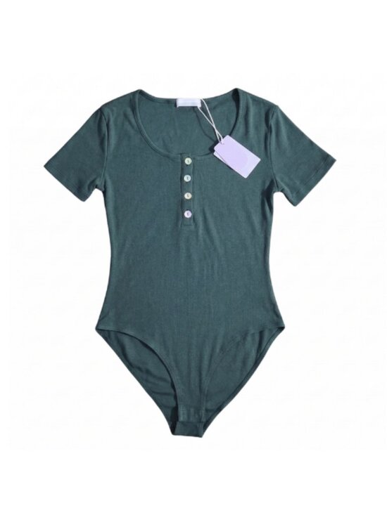 Mangopop Tops - NWT MANGOPOP Green Ribbed Henley Bodysuit | Button Front | Short Sleeve | Small